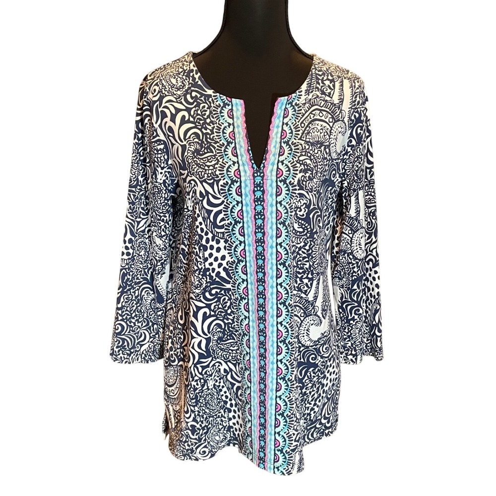 Lilly Pulitzer V-Neck Tunic Top Navy White Elephant Paisley Print M Resortwear